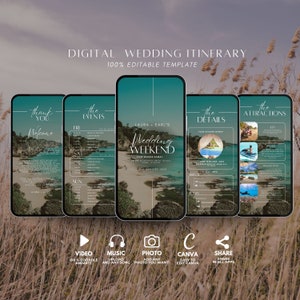 May include: A digital wedding itinerary template with five phone screens showing different sections: Thank You, The Events, Wedding Weekend, The Details, and The Attractions. The screens have a tropical beach background and are editable with video, music, and photos.