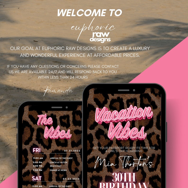 K&ouml;nnte beinhalten: Digitales Einladungsdesign mit Leopardenmuster-Hintergrund. Die Texte "Vacation Vibes" und "The Vibes" sind in Rosa gehalten, mit Eventdetails f&uuml;r eine 30. Geburtstagsfeier. Das Design enth&auml;lt den Text "Welcome to euphoric raw designs."