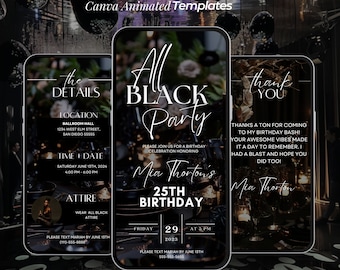 Invitación a fiesta de cumpleaños totalmente negra, cena de cumpleaños, brunch de cumpleaños, plantilla digital de asunto totalmente negro, invitación de vestimenta formal editable