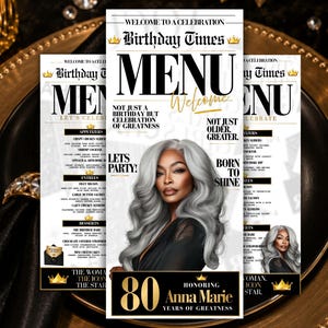 May include: A vertical birthday menu card featuring a black and white color scheme with gold accents. The text reads Birthday Times, Menu, Welcome, Not Just A Birthday But Celebration Of Greatness, Lets Party, Born To Shine, and 80 Years Of Greatness.