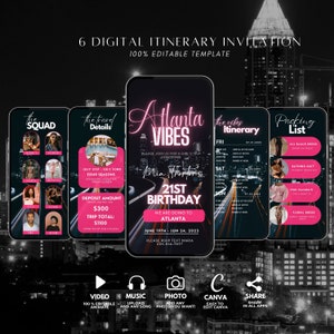 Uitnodiging digitale reisroute Atlanta Girl's, geanimeerd reisschema, Georgia Planner Schedule Trip Evite, bewerkbare plannersjabloon