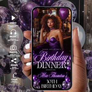 May include: Purple and silver birthday dinner invitation with a photo of a woman in a purple dress. The invitation says "Please join us for a Birthday Dinner honoring Mia Thornton's 30th Birthday".