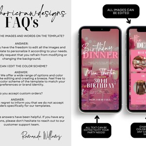 Op de afbeelding: Een roze en witte digitale uitnodigingstemplate voor een verjaardags diner. De template bevat een foto van een tafeldekking met wijnglazen en een verjaardagstaart. De tekst op de template luidt "Verjaardags diner" en "Mia Thornton 30e verjaardag".