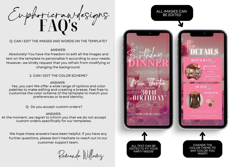 Op de afbeelding: Een roze en witte digitale uitnodigingstemplate voor een verjaardags diner. De template bevat een foto van een tafeldekking met wijnglazen en een verjaardagstaart. De tekst op de template luidt "Verjaardags diner" en "Mia Thornton 30e verjaardag".