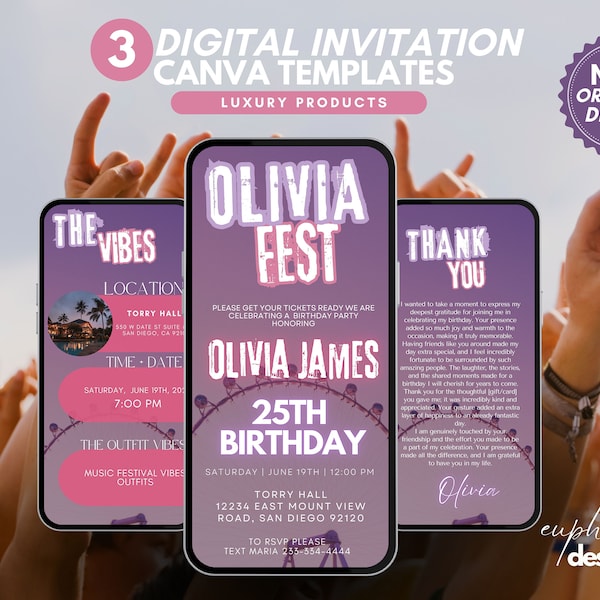 Digital Music Festival Birthday Invitation, Itinerary, Festival theme Animated Birthday Party Invite, Neon Pink Purple,  Any Age Birthday