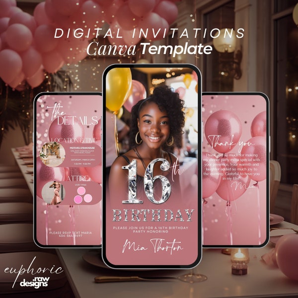 Sweet sixteen, Sweet 16th Birthday template, Sms Invitation, Pretty in pink invite, neon pink , Birthday Itinerary, teenage birthday party