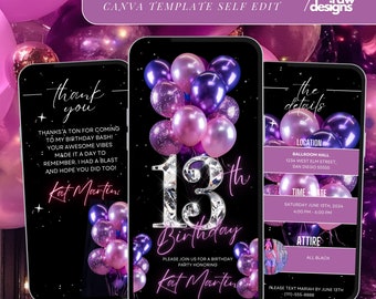 May include: Digital invitation for a 13th birthday party. The invitation features a black background with a diamond-shaped number 13, pink and purple balloons, and the text "Kat Martin". The invitation also includes details about the party, such as the location, time, and date.