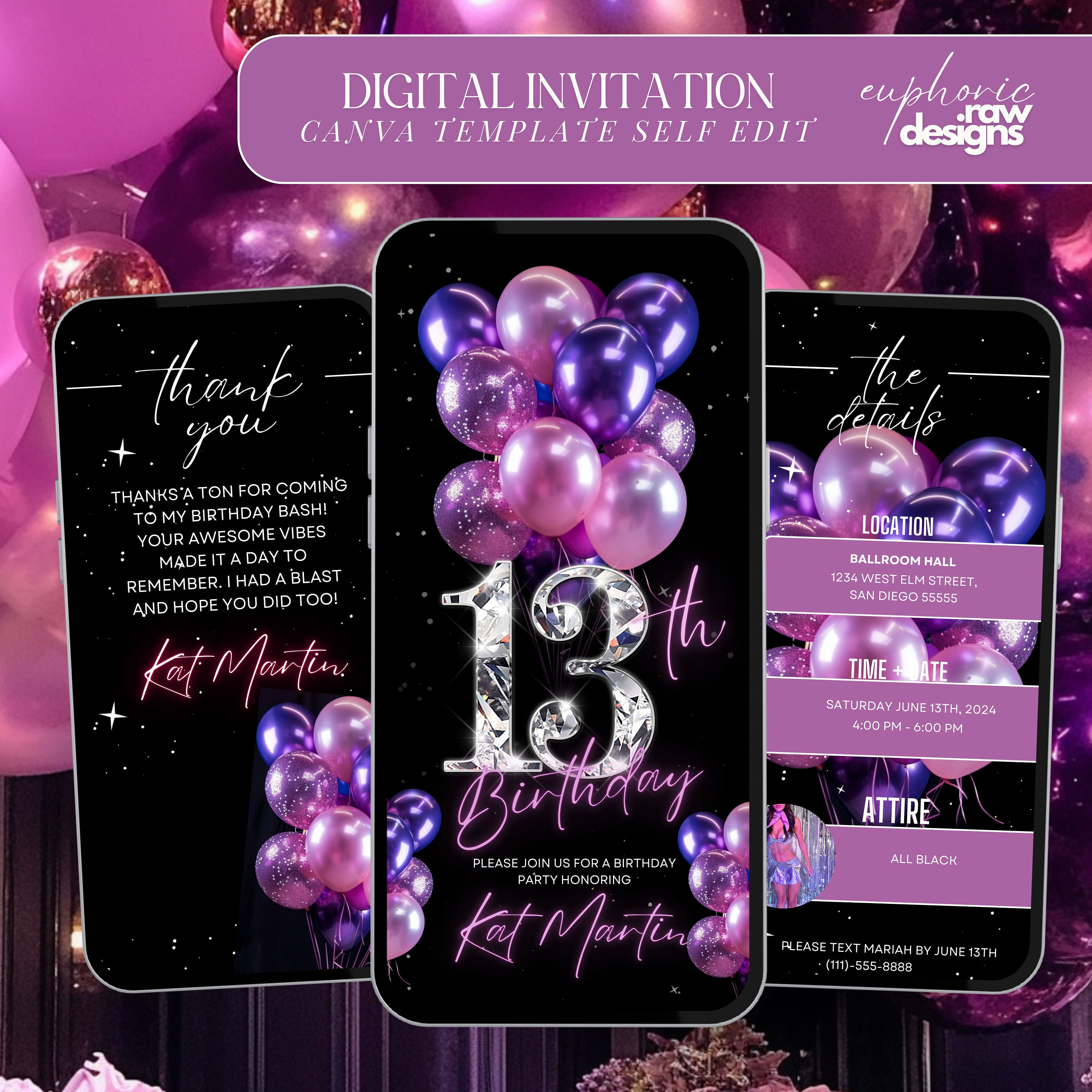 Invitación para fiesta de 13.º cumpleaños, plantilla digital de invitación  a cena glamurosa con globos rosa y morado, itinerario de brunch editable  con video de diamantes - Etsy México, image size:3000x3000