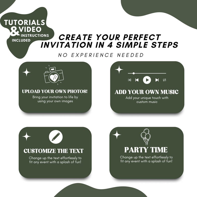 May include: Green graphic with four steps to create a custom invitation. The steps are: upload your own photos, add your own music, customize the text, and party time. Each step has a corresponding icon.