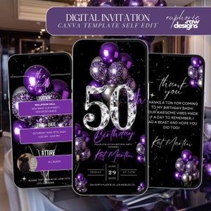 50. Geburtstagseinladung, Lila Silber Digitale 50.Glam Dinner Laden Vorlage, Diamant Video Bearbeitbare Brunch Reiseplanung