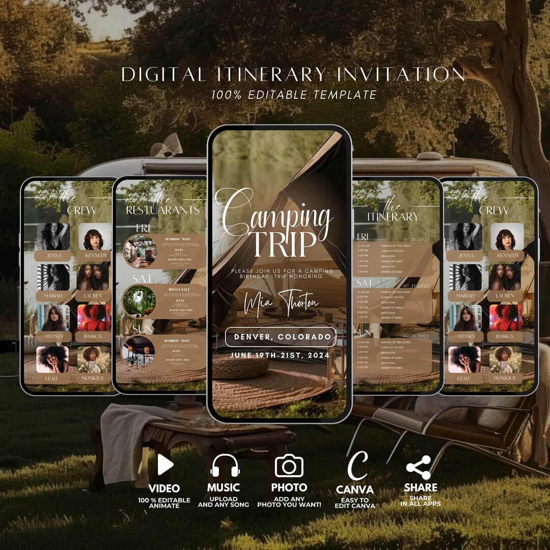 Camping Girl’s Trip, Digital Birthday Weekend Itinerary Invitation ...