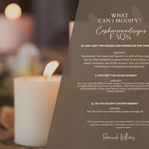 Puede incluir: Un fondo marr&oacute;n con texto que dice "What can I modify! Euphoricrawdesigns FAQ's". El texto est&aacute; en blanco. Debajo del texto hay tres preguntas y respuestas sobre la edici&oacute;n de im&aacute;genes y texto, esquemas de colores y pedidos personalizados. El texto est&aacute; en blanco sobre un fondo marr&oacute;n. La firma "Ramanda Williams" est&aacute; en la parte inferior de la p&aacute;gina.