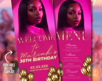 Customizable Digital Birthday Menu, Pink and Gold Canva Template, Dinner Table Decor, Editable Event Menu for Birthday Celebrations