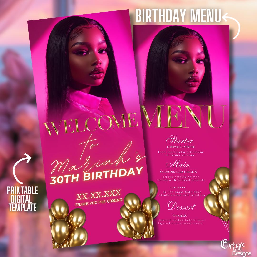 Customizable Digital Birthday Menu, Pink and Gold Canva Template, Dinner Table Decor, Editable Event Menu for Birthday Celebrations