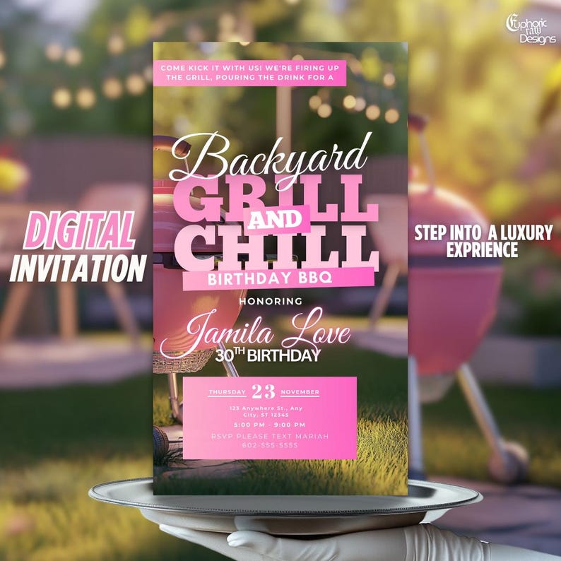 Pode incluir: Um convite digital rosa e branco para um churrasco de anivers&aacute;rio "Grill and Chill" no quintal. O convite apresenta uma churrasqueira e o texto "Backyard Grill and Chill Birthday BBQ" em rosa e branco. O convite tamb&eacute;m inclui o nome "Jamila Love" e a data "Quinta-feira, 23 de novembro".