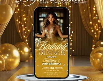 Animated Birthday Dinner Invitation: Gold Diamonds Video (Digital e-Invite)