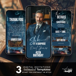 Men&#39;s 40th Surprise Birthday Digital Invitation itinerary, Electronic Party Invite, Whiskey Text Evite, Instant Download, Animated Invite