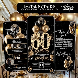 60th Birthday Party Invitation, Gold Black Digital 60th Glam Dinner Invite Template, Diamond Video Editable Brunch Itinerary,