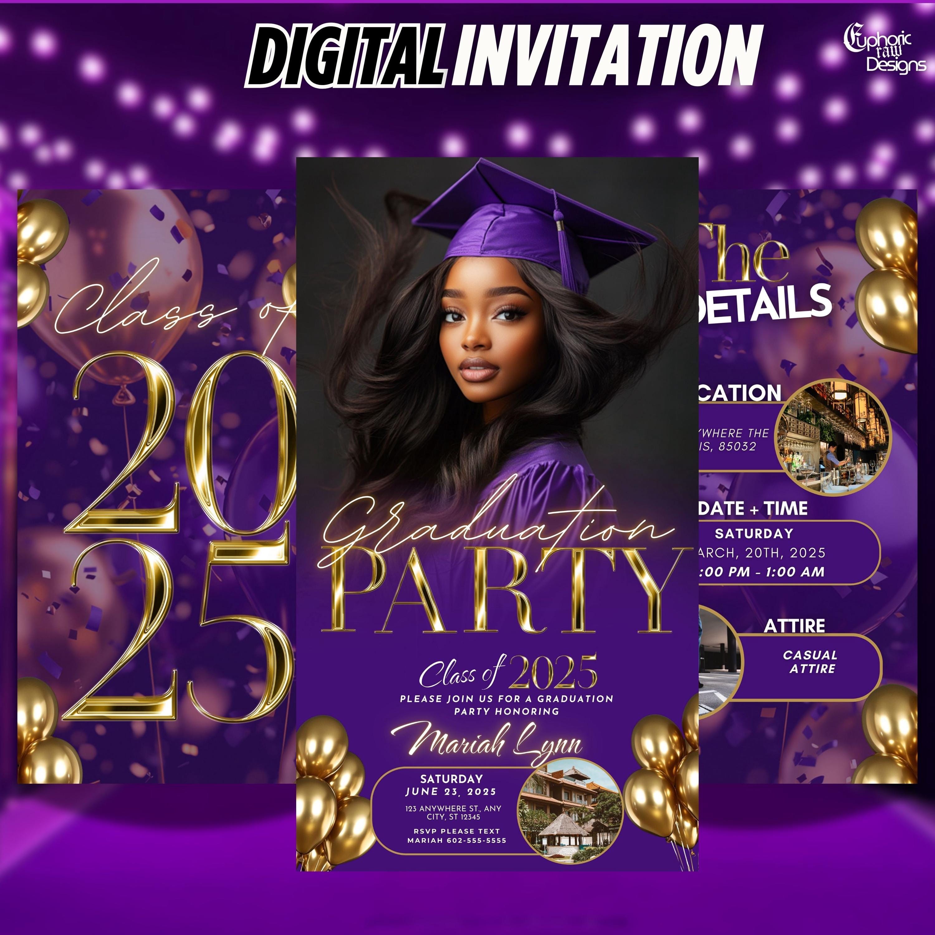 Purple Gold Digital Save the Date Graduation Invite, Class of 2025  Announcement, Graduate Invitation Template, Editable School Party Evite -  Etsy, image size:3000x3000