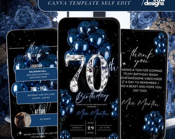 70th Birthday Party Invitation, Navy Blue Balloons, Digital 70th Glam Dinner Invite Template, Diamond Video Editable Brunch Itinerary,