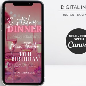 Op de afbeelding: Een roze en witte digitale uitnodiging voor een 30e verjaardags diner. De uitnodiging bevat een foto van champagne glazen en de tekst "Birthday Dinner", "Mia Thornton", "30th Birthday", "Please RSVP Text Maria 406-544-9697", en "Swipe for Details".