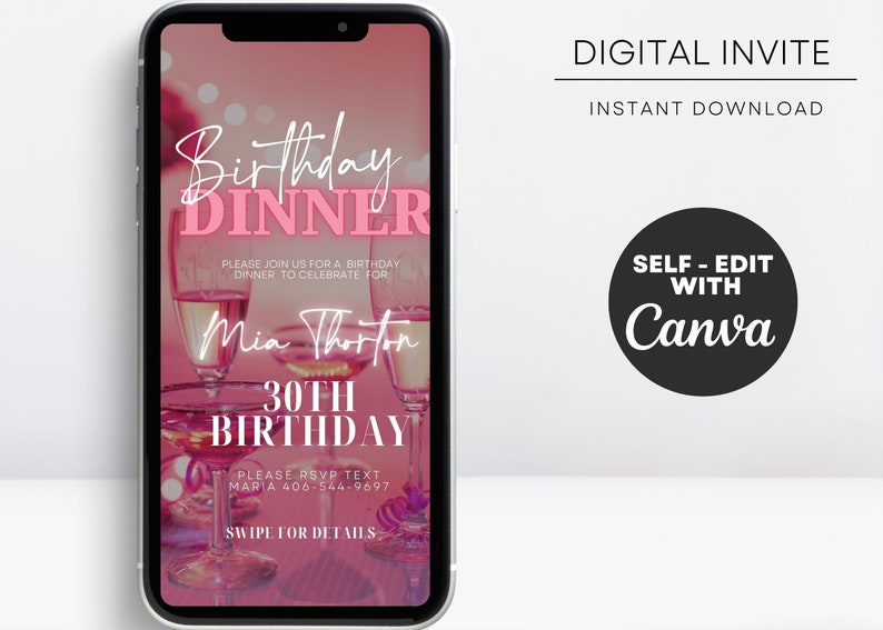 Op de afbeelding: Een roze en witte digitale uitnodiging voor een 30e verjaardags diner. De uitnodiging bevat een foto van champagne glazen en de tekst "Birthday Dinner", "Mia Thornton", "30th Birthday", "Please RSVP Text Maria 406-544-9697", en "Swipe for Details".