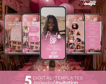 Digital Paint and Sip Invitation, Wine and Paint Birthday Invite, Adult Paint Party, Wine Tasting Party Evite, Painting Celebration