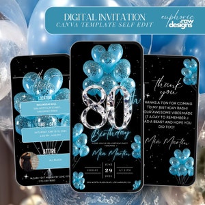 80th Birthday Party Invitation, Sky Blue Balloons Digital 80th Glam Dinner Invite Template, Diamond Video Editable Brunch Itinerary,