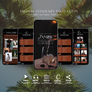 Puede incluir: Una plantilla de invitación digital para un fin de semana de cumpleaños número 30 en Las Vegas. La plantilla presenta un fondo oscuro con un vaso de whisky y hielo, y el texto "Por favor, únase a nosotros para James 30th Birthday Weekend Las Vegas". La plantilla también incluye una guía de estilo, un itinerario y una lista de los "chicos" que asistirán al evento.