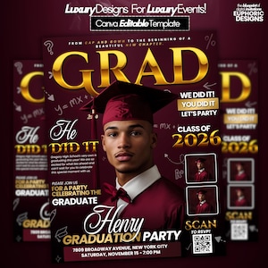May include: A graduation party invitation template with a maroon and gold color scheme. The design features a photo of a graduate, the word "GRAD" in large gold letters, and event details. Includes a QR code for RSVP.