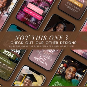 May include: A collage of phone screen mockups showcasing different event invitations. The invitations feature various themes, including a birthday party, a graduation celebration, and a trip to Las Vegas. The text on the invitations includes details such as the date, time, and location of the event. The invitations are designed in a modern and stylish manner, with vibrant colors and eye-catching graphics.
