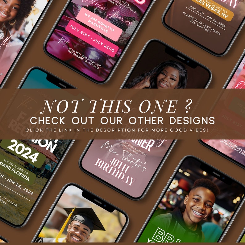 May include: A collage of phone screen mockups showcasing different event invitations. The invitations feature various themes, including a birthday party, a graduation celebration, and a trip to Las Vegas. The text on the invitations includes details such as the date, time, and location of the event. The invitations are designed in a modern and stylish manner, with vibrant colors and eye-catching graphics.