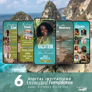 May include: Six digital invitation templates for a 30th birthday party with a Bali vacation theme. The templates feature a tropical beach scene, a packing list, travel details, a vacation itinerary, and a squad photo. The text on the invitation reads "Bali Vacation" and "Alina Morrin's 30th Birthday".