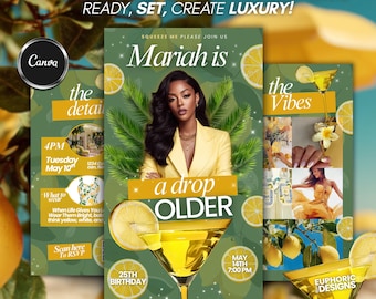 A Drop Bit Older Lemon Martini Birthday Invitation, Tini Bit Older Editable Canva Template, Cocktail Party, Girls Night Out, Digital Invite