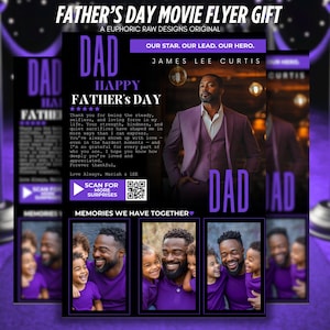 Regalo morado editable para el Día del Padre, póster "Amor de padre", marco "El mejor papá del mundo", póster de película "Regalos para papá", plantilla de Canva para papá