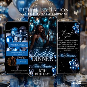 Faire-part d'anniversaire pour dîner, invitation numérique élégante à une fête d'anniversaire, ballons bleus argentés, soirée formelle, modèle auto-modifiable