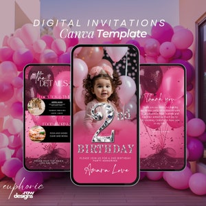 2nd birthday party invitation, Princess  Party Neon Pink Baby Animated Invite, Editable Birthday Template, Second Birthday