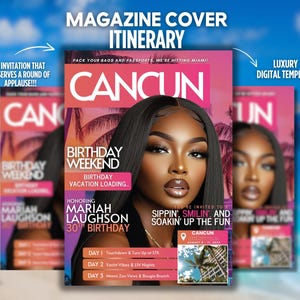 Cancun Birthday Itinerary Invitation, Magazine Cover Girls Trip Evite, Mexico Editable Beach Weekend Travel Template, Digital Invite for Her