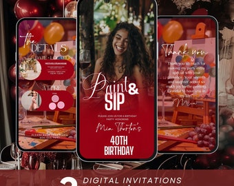Digital Paint and Sip Invitation, Wine and Paint Birthday Invitation, Paint Party, Adult Painting Party Invite, Wine Tasting Party Invite