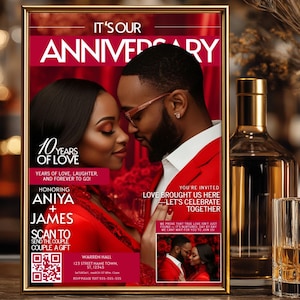 May include: A framed anniversary invitation with the text "IT'S OUR ANNIVERSARY" and "10 YEARS OF LOVE". The invitation features a couple in red attire, with additional text including names and event details. A bottle and glass are in the background.