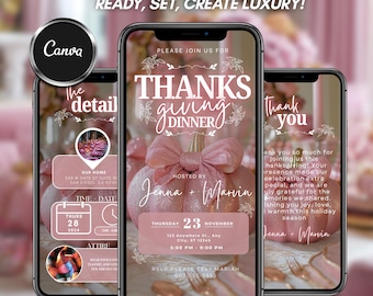 Könnte beinhalten: Eine digitale Einladungsvorlage für ein Thanksgiving-Dinner, die auf drei Smartphones angezeigt wird. Das Design zeigt einen rosa Kürbis mit einer Schleife, Veranstaltungsdetails und den Text "Thanksgiving Dinner". Das Canva-Logo ist sichtbar.