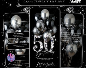 50th Birthday Party Invitation, Black Silver Digital 50th Glam Dinner Invite Template, Diamond Video Editable Brunch Itinerary