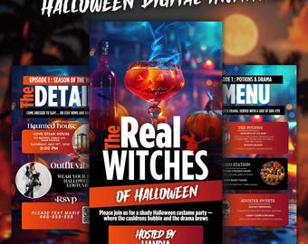May include: A digital Halloween invitation with a spooky theme. The design features a cocktail with a carved pumpkin, pumpkins, and the text "The Real Witches of Halloween." Includes event details and a menu.