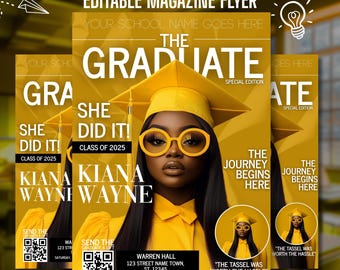 2026 Graduation Invite Magazine Style, Yellow DIY Editable Flyer Template, Class of 2025 Grad Party Canva Printable