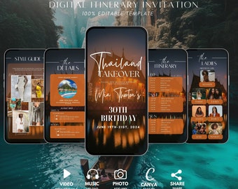 Invitation itinéraire numérique Thaïlande, anniversaire de filles voyage escapade, Phuket Planner, Bangkok voyage vacances, modèle de planification de week-end
