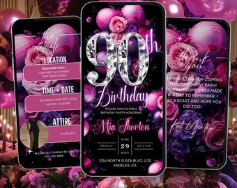Floral 90th Birthday Invitation: Roses & Diamonds (Digital Template)