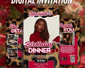 Invitación a cena de cumpleaños con estampado de leopardo, plantilla editable de Canva con efecto guepardo, invitación digital para fiesta de cumpleaños, descarga instantánea