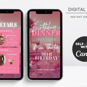 Op de afbeelding: Een roze en witte digitale uitnodiging voor een 30e verjaardags diner. De uitnodiging bevat een foto van champagne glazen en de tekst "Birthday Dinner" in roze en wit. De tekst "Please join us for a birthday dinner to celebrate for Mia Thornton 30th Birthday" is ook inbegrepen. De uitnodiging bevat de tekst "Please RSVP text Maria 406-544-9697" en "Swipe for details".