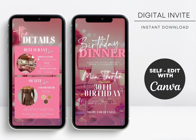 Op de afbeelding: Een roze en witte digitale uitnodiging voor een 30e verjaardags diner. De uitnodiging bevat een foto van champagne glazen en de tekst "Birthday Dinner" in roze en wit. De tekst "Please join us for a birthday dinner to celebrate for Mia Thornton 30th Birthday" is ook inbegrepen. De uitnodiging bevat de tekst "Please RSVP text Maria 406-544-9697" en "Swipe for details".