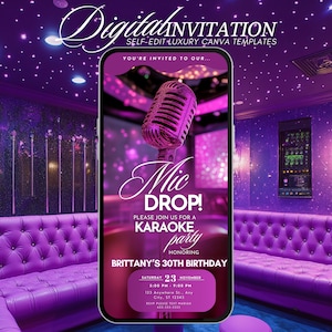 Karaoke Party Birthday Invitation, Animated Karaoke Night Invite, Digital Singing Musical Birthday Evite, Girls Night, Editable DIY Template